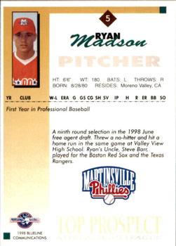 1998 Blueline Q-Cards Appalachian League Top Prospects #5 Ryan Madson Back