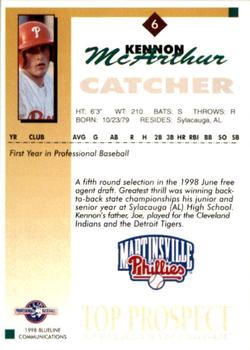 1998 Blueline Q-Cards Appalachian League Top Prospects #6 Kennon McArthur Back