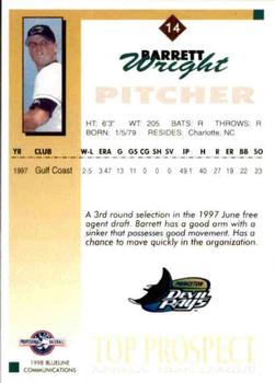 1998 Blueline Q-Cards Appalachian League Top Prospects #14 Barrett Wright Back
