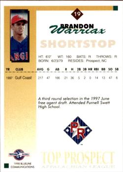 1998 Blueline Q-Cards Appalachian League Top Prospects #19 Brandon Warriax Back