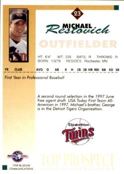 1998 Blueline Q-Cards Appalachian League Top Prospects #23 Michael Restovich Back
