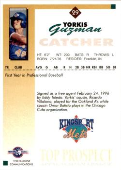 1998 Blueline Q-Cards Appalachian League Top Prospects #29 Yorkis Guzman Back