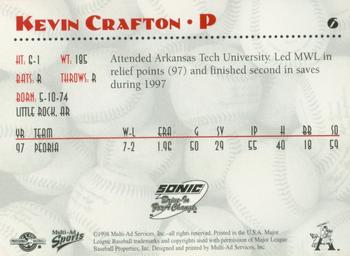 1998 Multi-Ad Arkansas Travelers #6 Kevin Crafton Back