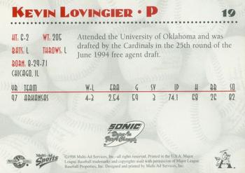 1998 Multi-Ad Arkansas Travelers #19 Kevin Lovingier Back