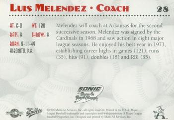 1998 Multi-Ad Arkansas Travelers #28 Luis Melendez Back