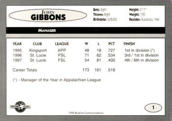 1998 Blueline Q-Cards Binghamton Mets #1 John Gibbons Back