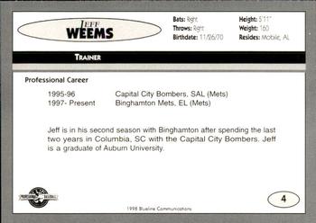 1998 Blueline Q-Cards Binghamton Mets #4 Jeff Weems Back