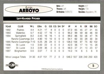 1998 Blueline Q-Cards Binghamton Mets #5 Luis Arroyo Back