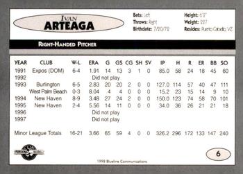 1998 Blueline Q-Cards Binghamton Mets #6 Ivan Arteaga Back