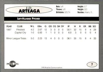 1998 Blueline Q-Cards Binghamton Mets #7 J.D. Arteaga Back