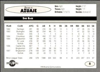 1998 Blueline Q-Cards Binghamton Mets #8 Jesus Azuaje Back