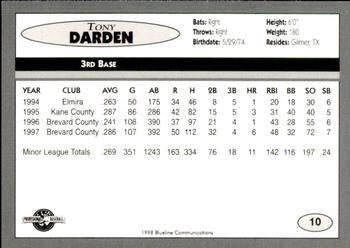 1998 Blueline Q-Cards Binghamton Mets #10 Tony Darden Back