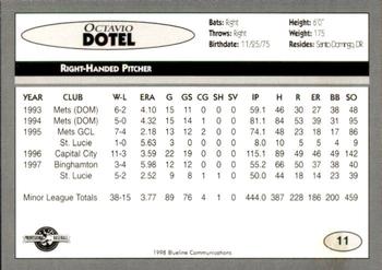 1998 Blueline Q-Cards Binghamton Mets #11 Octavio Dotel Back