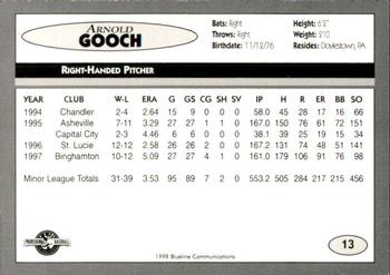 1998 Blueline Q-Cards Binghamton Mets #13 Arnold Gooch Back