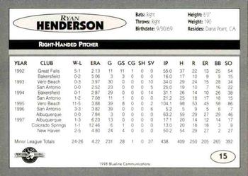 1998 Blueline Q-Cards Binghamton Mets #15 Ryan Henderson Back