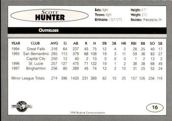 1998 Blueline Q-Cards Binghamton Mets #16 Scott Hunter Back