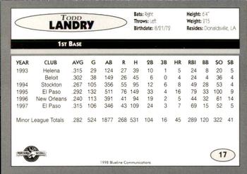 1998 Blueline Q-Cards Binghamton Mets #17 Todd Landry Back
