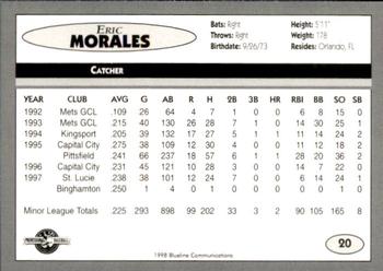 1998 Blueline Q-Cards Binghamton Mets #20 Eric Morales Back
