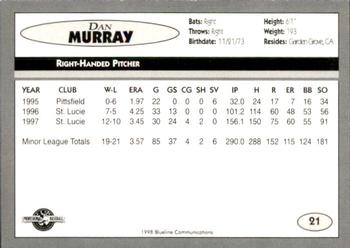 1998 Blueline Q-Cards Binghamton Mets #21 Dan Murray Back
