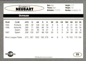 1998 Blueline Q-Cards Binghamton Mets #22 Garrett Neubart Back