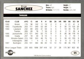 1998 Blueline Q-Cards Binghamton Mets #25 Yuri Sanchez Back