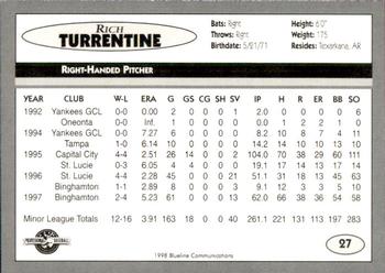1998 Blueline Q-Cards Binghamton Mets #27 Rich Turrentine Back