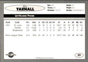 1998 Blueline Q-Cards Binghamton Mets #29 Ed Yarnall Back