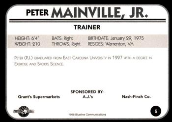 1998 Blueline Q-Cards Bluefield Orioles #5 Peter Mainville Jr. Back