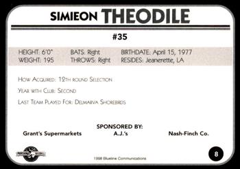 1998 Blueline Q-Cards Bluefield Orioles #8 Simieon Theodile Back