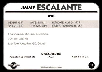 1998 Blueline Q-Cards Bluefield Orioles #16 Jimmy Escalante Back