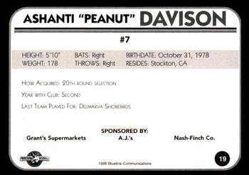 1998 Blueline Q-Cards Bluefield Orioles #19 Ashanti Davison Back