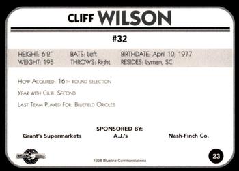 1998 Blueline Q-Cards Bluefield Orioles #23 Cliff Wilson Back