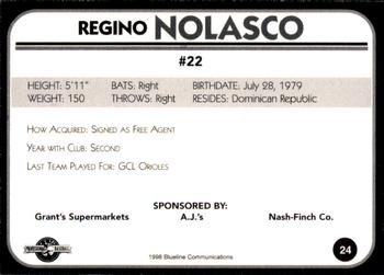 1998 Blueline Q-Cards Bluefield Orioles #24 Regino Nolasco Back