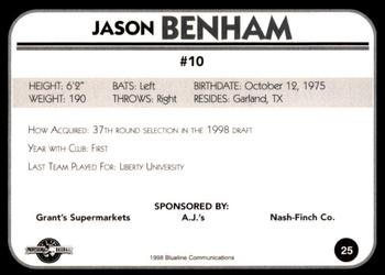 1998 Blueline Q-Cards Bluefield Orioles #25 Jason Benham Back