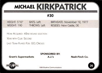 1998 Blueline Q-Cards Bluefield Orioles #26 Michael Kirkpatrick Back