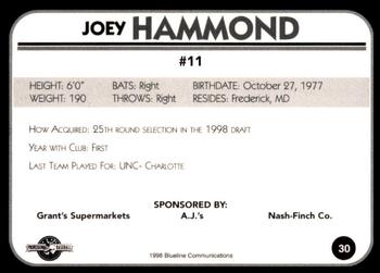 1998 Blueline Q-Cards Bluefield Orioles #30 Joey Hammond Back