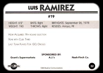 1998 Blueline Q-Cards Bluefield Orioles #32 Luis Ramirez Back