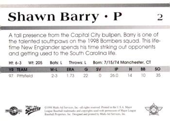 1998 Multi-Ad Capital City Bombers #2 Shawn Barry Back