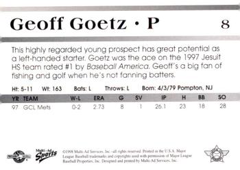 1998 Multi-Ad Capital City Bombers #8 Geoff Goetz Back