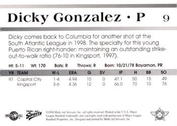 1998 Multi-Ad Capital City Bombers #9 Dicky Gonzalez Back