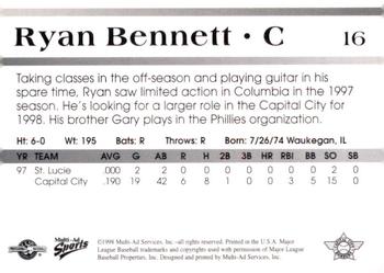 1998 Multi-Ad Capital City Bombers #16 Ryan Bennett Back