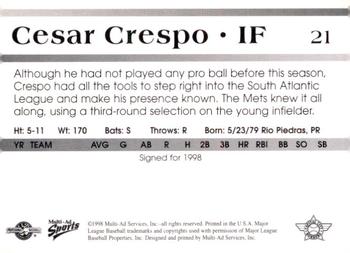 1998 Multi-Ad Capital City Bombers #21 Cesar Crespo Back