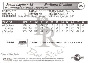 1998 Choice Carolina League All-Stars #5 Jason Layne Back