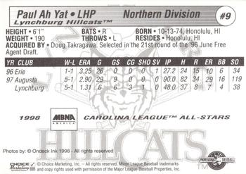 1998 Choice Carolina League All-Stars #9 Paul Ah Yat Back