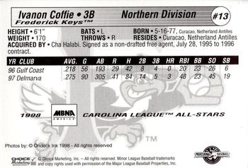 1998 Choice Carolina League All-Stars #13 Ivanon Coffie Back