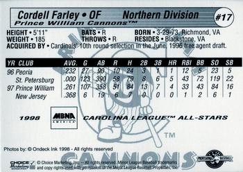1998 Choice Carolina League All-Stars #17 Cordell Farley Back