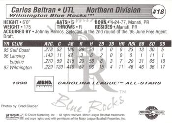1998 Choice Carolina League All-Stars #18 Carlos Beltran Back