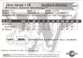 1998 Choice Carolina League All-Stars #31 Chris Heintz Back