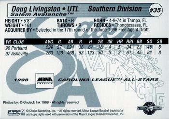 1998 Choice Carolina League All-Stars #35 Doug Livingston Back
