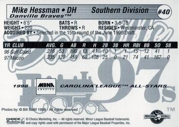 1998 Choice Carolina League All-Stars #40 Mike Hessman Back